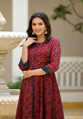 Red Ethnic Motif Printed Cotton Maxi Dress With Button-J4752RED